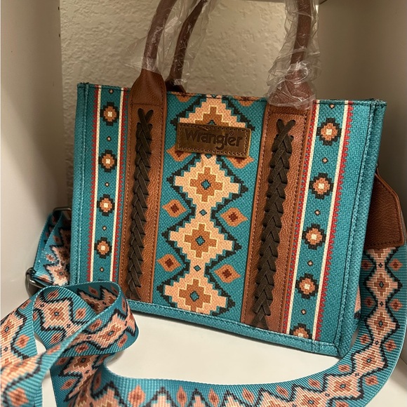 Wrangler Handbags - Wrangler Teal and Brown Geometric Tote